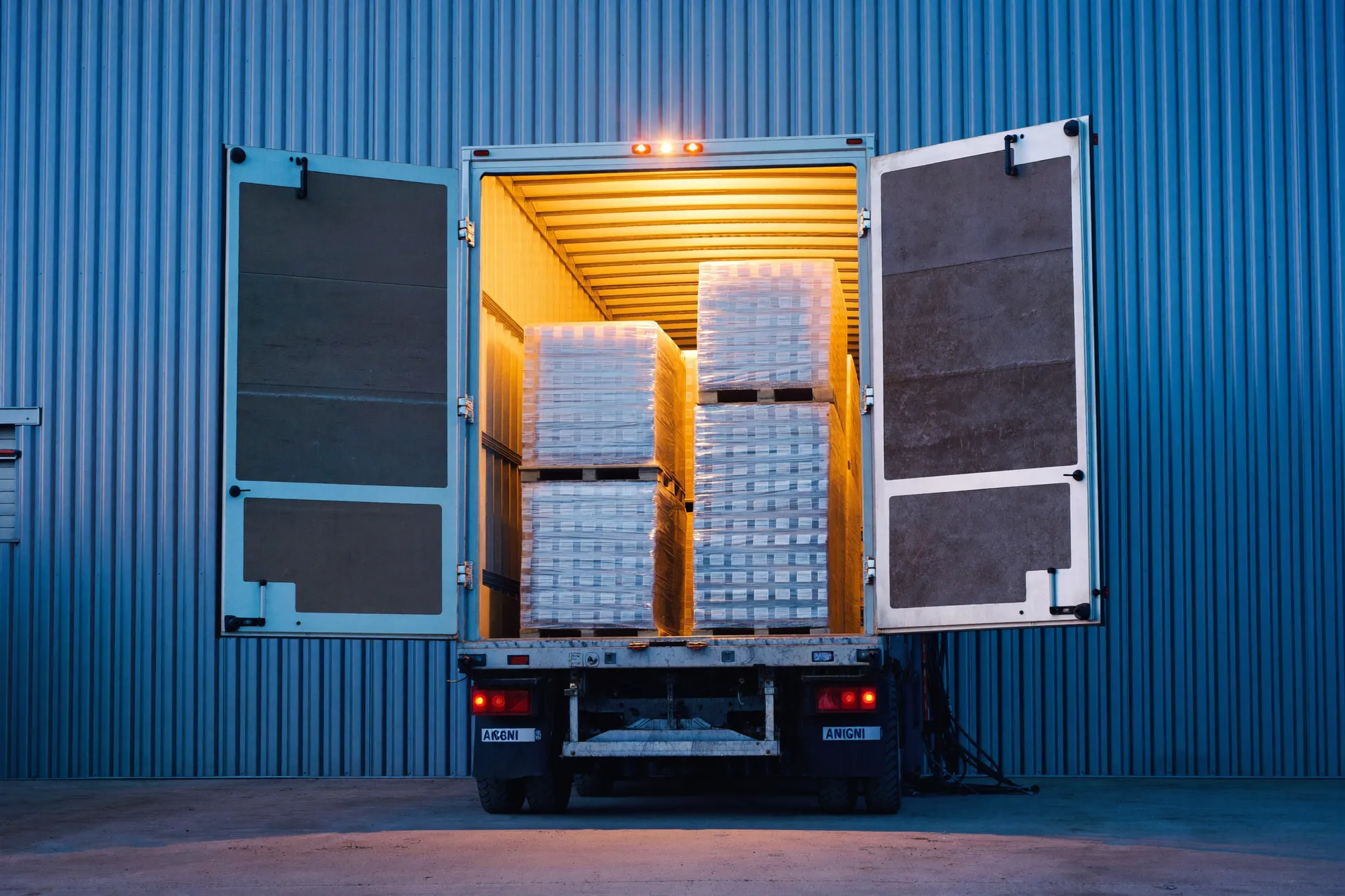 Open trailer doors at a loading dock showing wrapped freight pallets