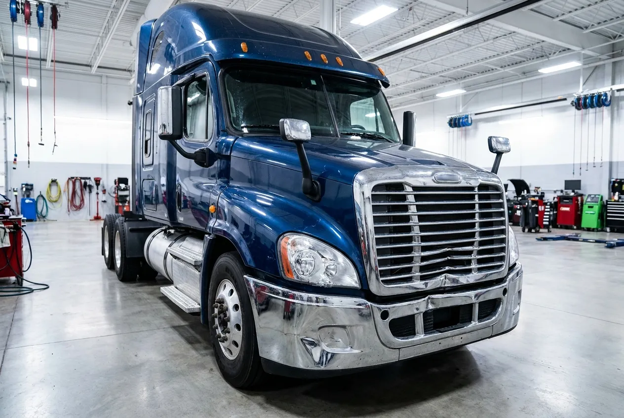 Semi tractor parked in a clean service bay